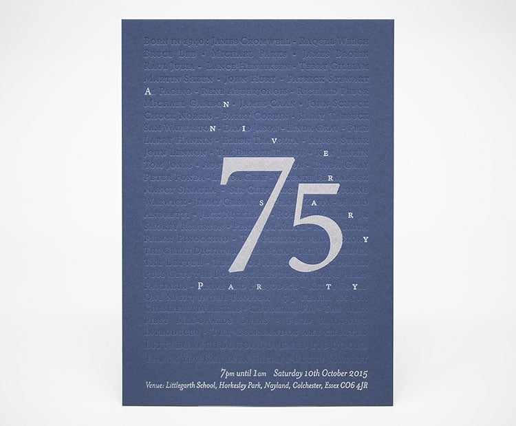 75th birthday letterpress invitation deboss 750