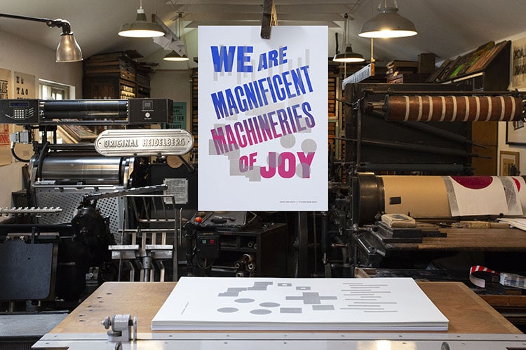 we are magnificent machineries of joy wood type poster hanging workshop close_750